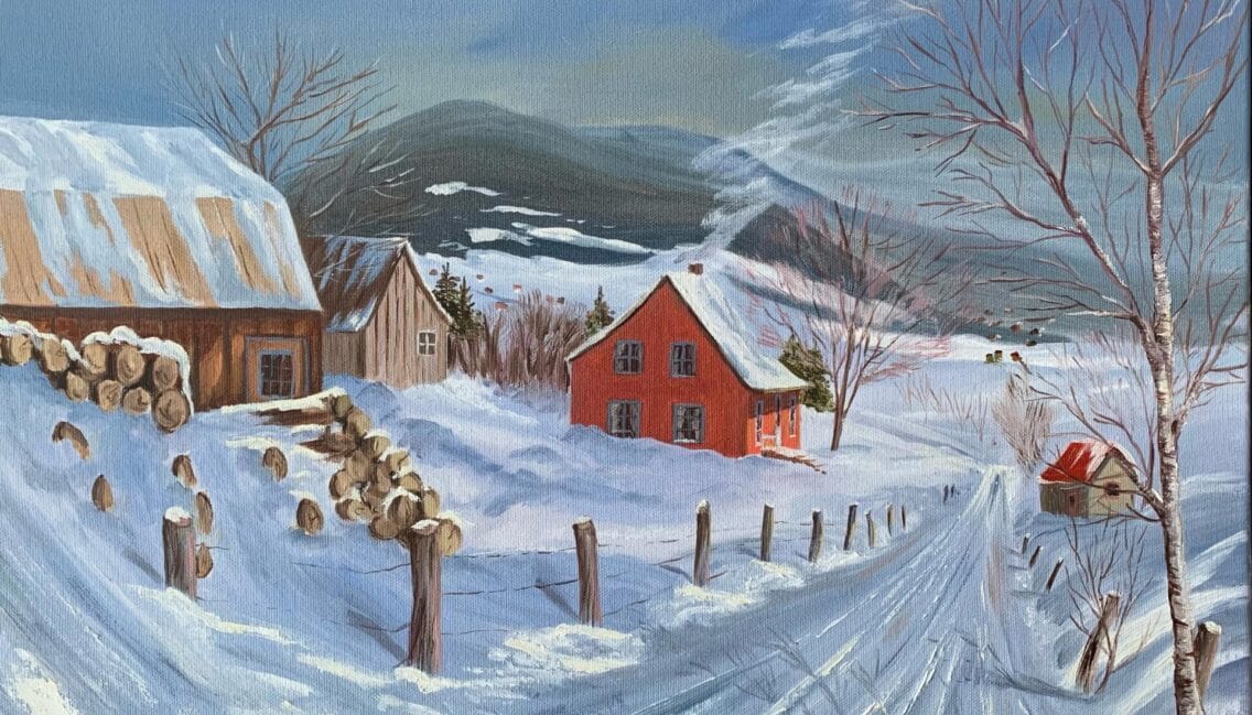 Peinture d'un paysage d'hiver comprenant un grange en bois et une maisonnette rouge
