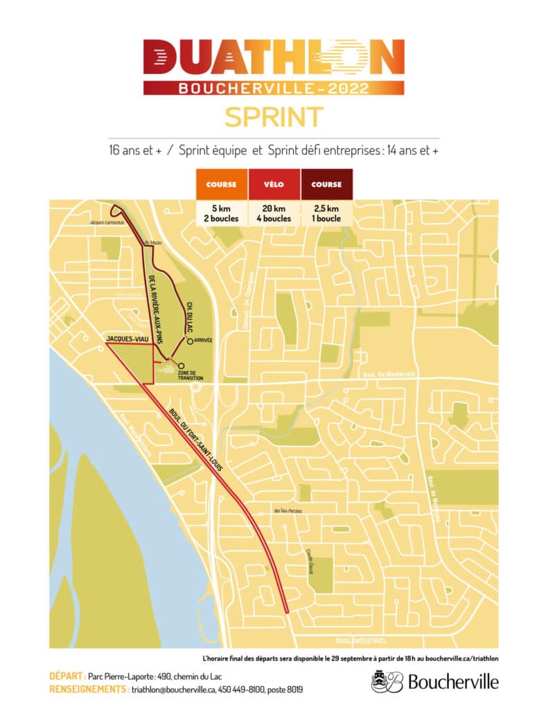 Carte des Parcours dans le cadre du Triathlon-Duathlon de Boucherville | Catégories duathlon sprint, sprint équipe et sprint entreprise