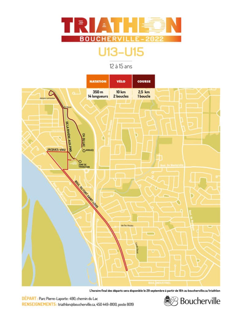 Carte des parcours dans le cadre du Triathlon-Duathlon de Boucherville 2022 | Catégorie triathlon U13 et U15