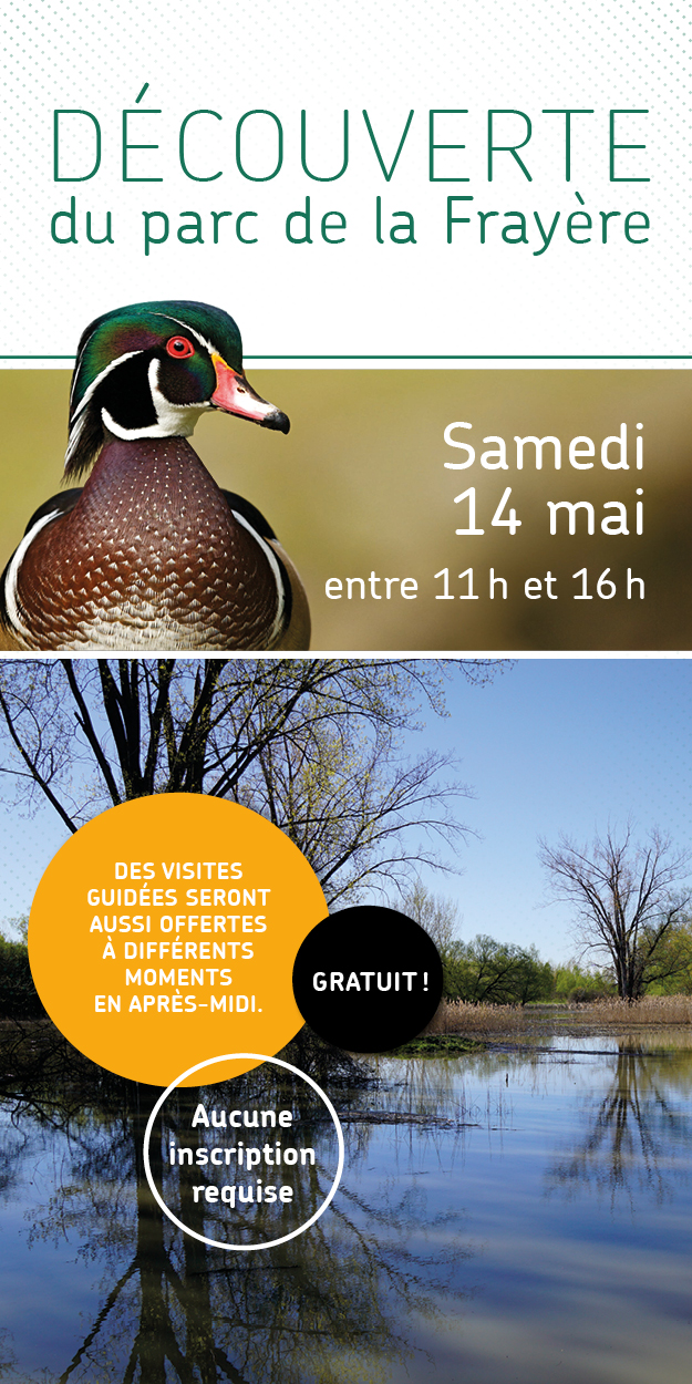 Visuel de l'activité avec le titre : Découverte du parc de la Frayère et la date du 14 mai. On y voit un canard et une vue sur une étendue d'eau du parc.