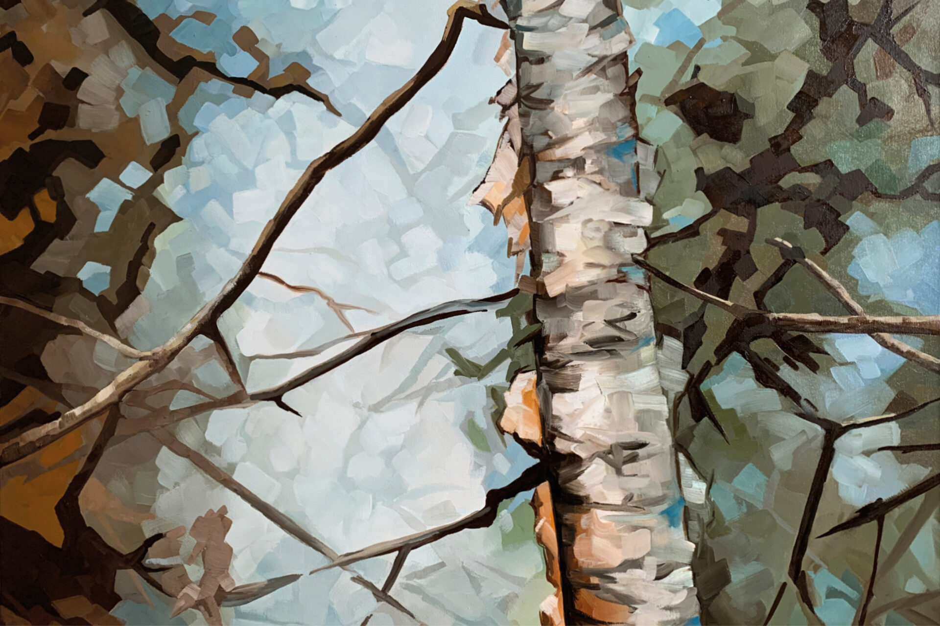 Oeuvre de Hélène Renaud. Peinture d'un tronc d'arbre.