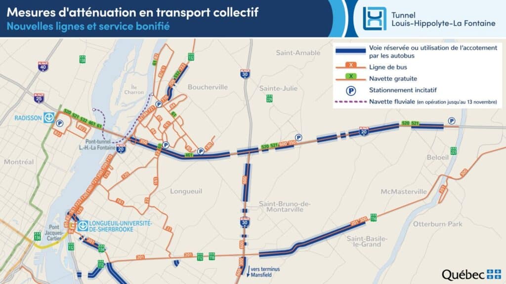 Carte du ministère des Transports concernant les mesures d'atténuation en transport collectif pendant les travaux majeurs du Tunnel Louis-Hippolyte-La Fontaine.