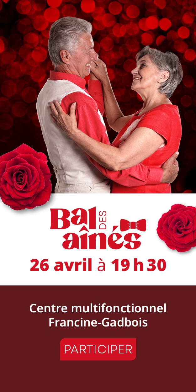 Bal de ainés : on voit une femme et un homme danser avec un fond rouge et noir et une rose rouge. Il est inscrit : Bal des aînés 26 avril 19 h 30