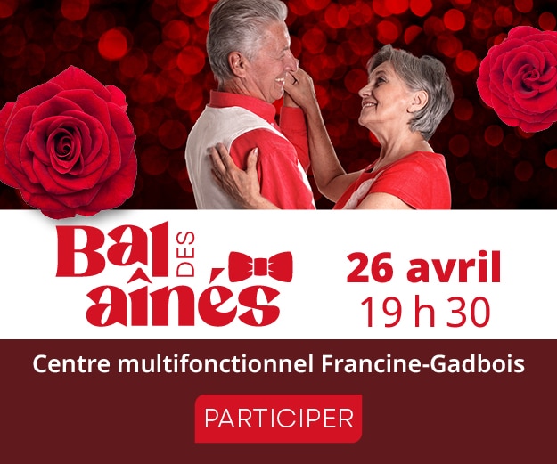 Bal de ainés : on voit une femme et un homme danser avec un fond rouge et noir et une rose rouge. Il est inscrit : Bal des aînés 26 avril 19 h 30